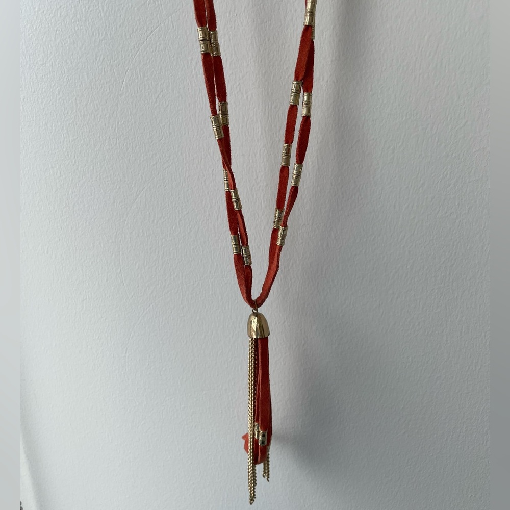 Long Tassel Necklace Burnt Orange Gold Accents - Boho Jewelry